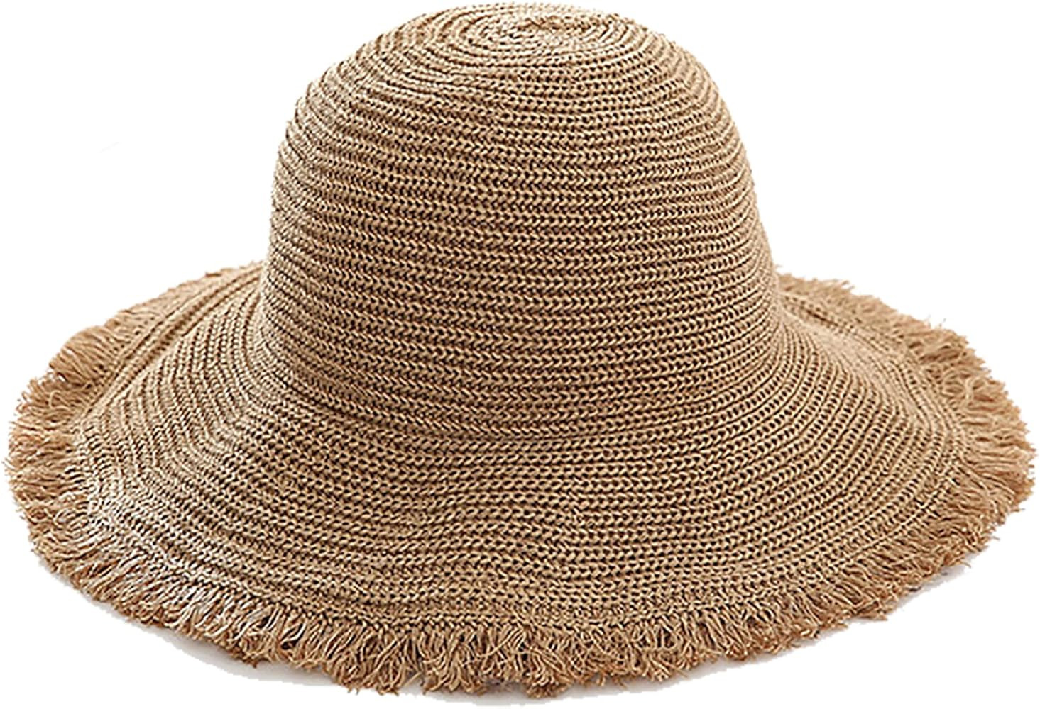Womens Summer Frayed Straw Bucket-Sun-Hats Floppy Wide Brim Beach Straw Bucket Hat (Large/60cm) | Amazon (US)