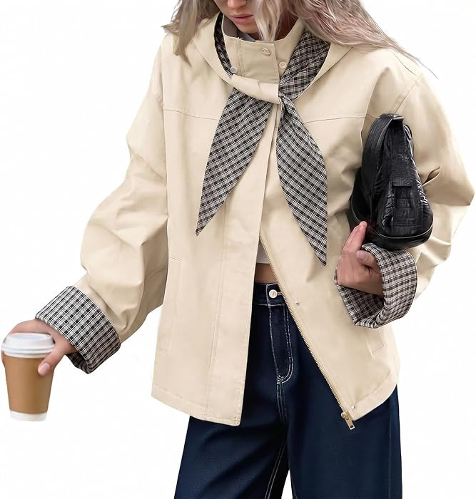 Tankaneo Womens Cropped Trench Coats Fall Jacket with Plaid Detachable Hood | Amazon (US)