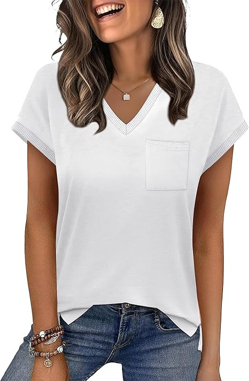 ANRABESS Womens Tops Summer V Neck T Shirts Cap Sleeve Work Dressy Casual Cute Trendy Side Slit T... | Amazon (US)