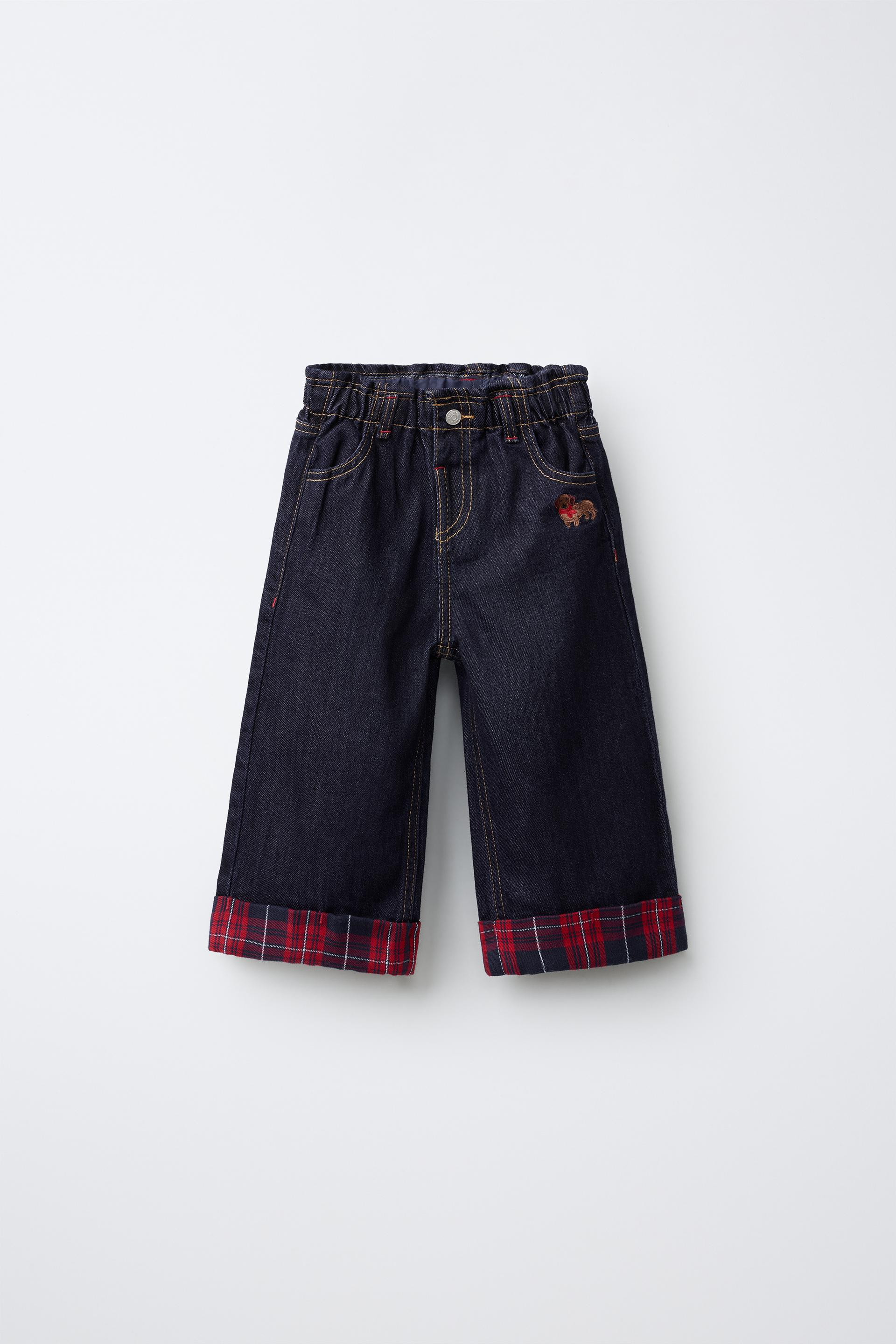 Zara - Wide-Leg Plaid Cuff Embroidered Jeans - Blue - 2 Years (36,2 Inches) - Kids | Zara US