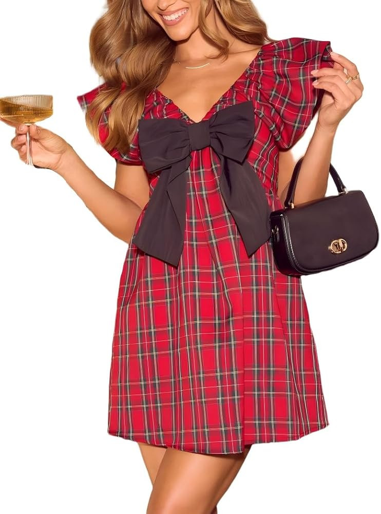 LILTWIST Womens Christmas Bow Babydoll Dress Cute V Neck Short Puff Sleeves Mini Dress Casual Bow... | Amazon (US)