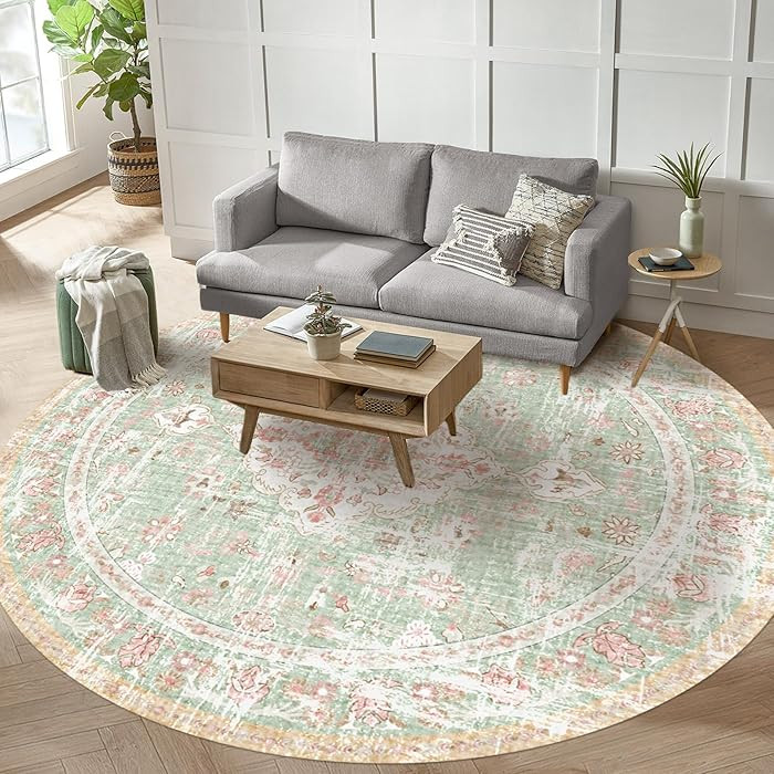 Vhong Boho Area Rugs Vintage Washable Modern Neutral Carpet Green and Pink 8×8 High Traffic Roun... | Amazon (US)