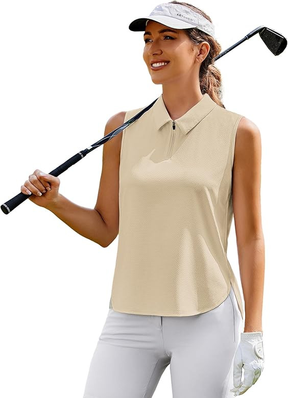 PINSPARK Women Golf Shirts Sleeveless UPF 50+ Tennis Polo V-Neck Quick Dry Athletic T Shirt 1/4 Z... | Amazon (US)
