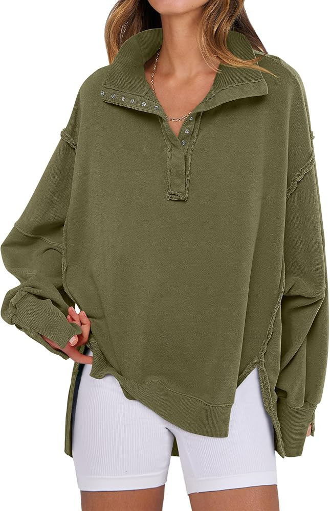 ANRABESS Sweatshirt for Women Oversized Henley Fall Outfits     Button Up High Low Hem Pullover T... | Amazon (US)