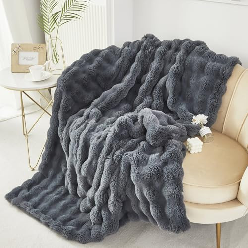 RYNGHIPY Faux Fur Throw Blanket Double Side Thick and Warm Plush Fluffy Faux Rabbit Fur Decoration for Couch Sofa Chair and Bed Cozy Winter Blanket (Dark Grey, 63''x79'') | Amazon (US)