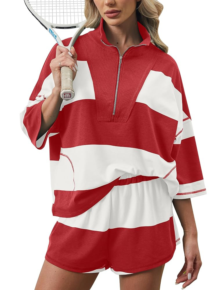 Women Two Piece Workout Short Sets Striped Lounge Set Oversized Half Sleeve Shirt and Shorts Tenn... | Amazon (US)