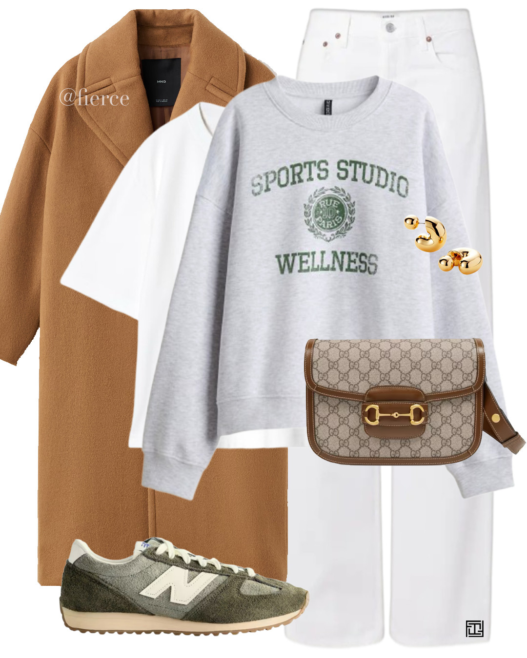 brown tan wool coat white jeans gucci horsebit bag green new balance 471 grey and green printed sweatshirt casual comfy look weekend city break road trip shopping lunch coffee break 

 #LTKuk #LTKautumn #LTKwinter