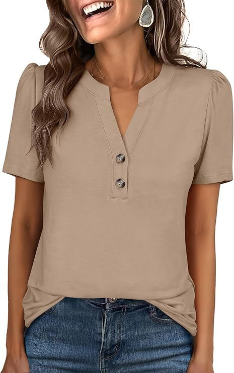 ANRABESS Womens Tops Business Casual 2026 Spring Short Sleeve Henley V Neck Shirts Dressy Work Bl... | Amazon (US)