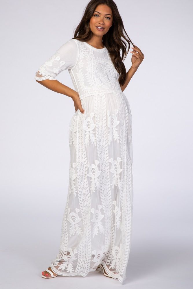 White Crochet Overlay Maternity Maxi Dress | PinkBlush Maternity