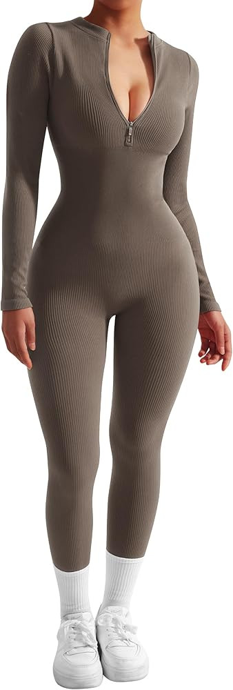 SUUKSESS Women Long Sleeve Ribbed Jumpsuit Zip up Front Workout Bodycon Romper | Amazon (US)