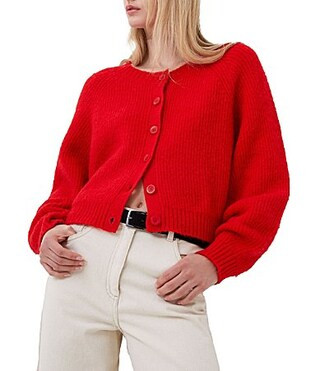 French Connection Fluffy Knit Crew Neck Long Sleeve Button Front Cardigan - M | Dillard's