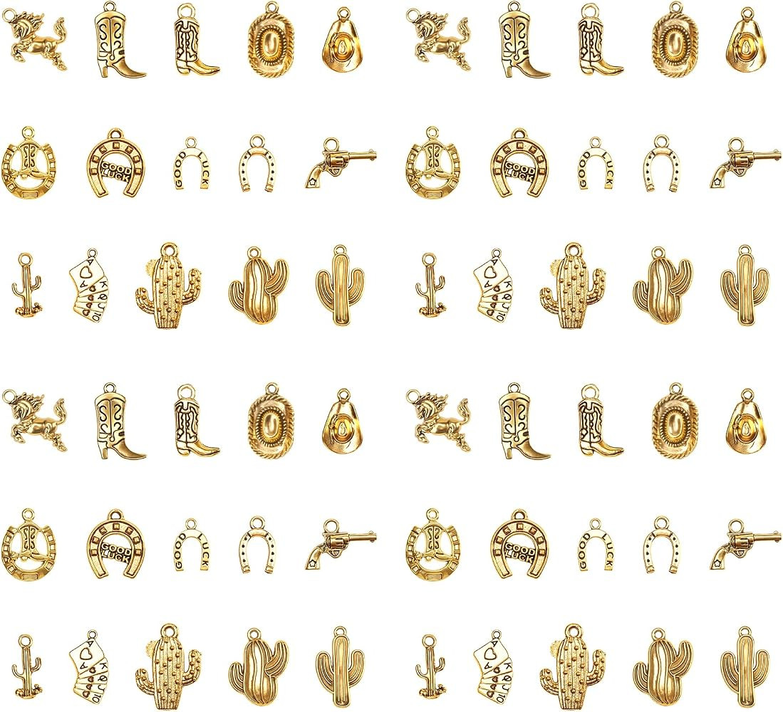 60pcs Bulk Vintage Antique Gold Western Cowboy Cowgirl Making Charms, Horse Boot Hat Cactus and P... | Amazon (US)