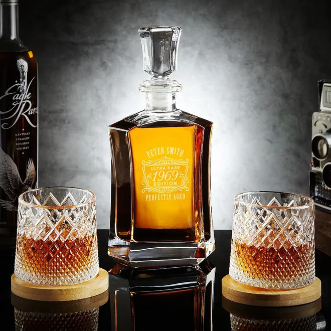 Remington Custom Decanter Set with Rotating Whiskey Glasses | HomeWetBar.com
