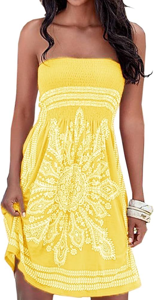 Women's Summer Dress Strapless Floral Print Bohemian Casual Beach Dress Cover Ups for Swimwear Wo... | Amazon (US)