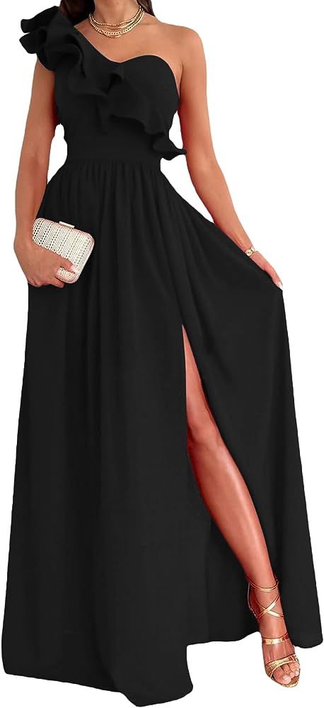 Women's One Shoulder Ruffle High Split Sleeveless Sexy Party Cocktail Long Maxi Dress | Amazon (US)