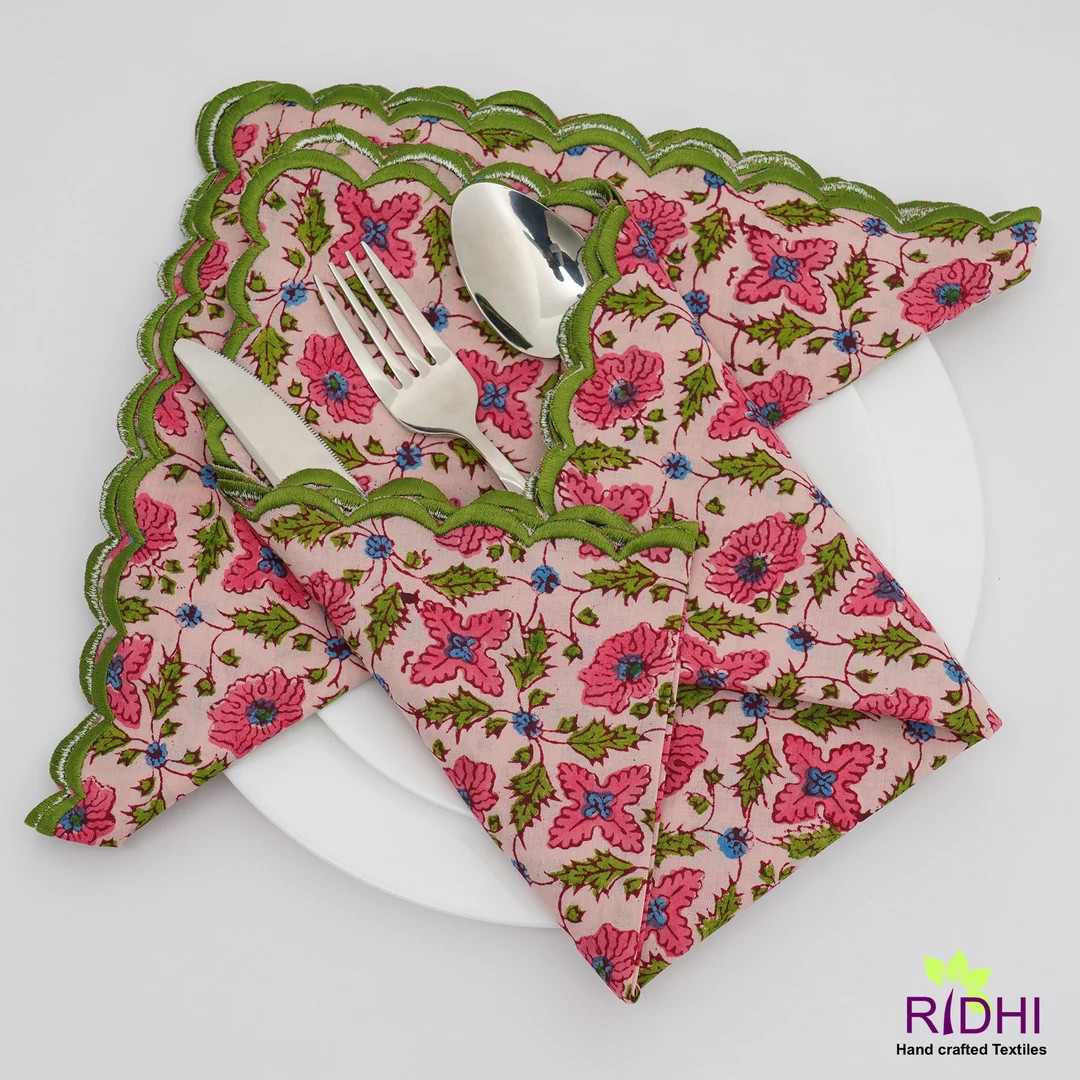 Salmon and Punch Pink Forest Green Indian Floral Hand Block - Etsy | Etsy (US)