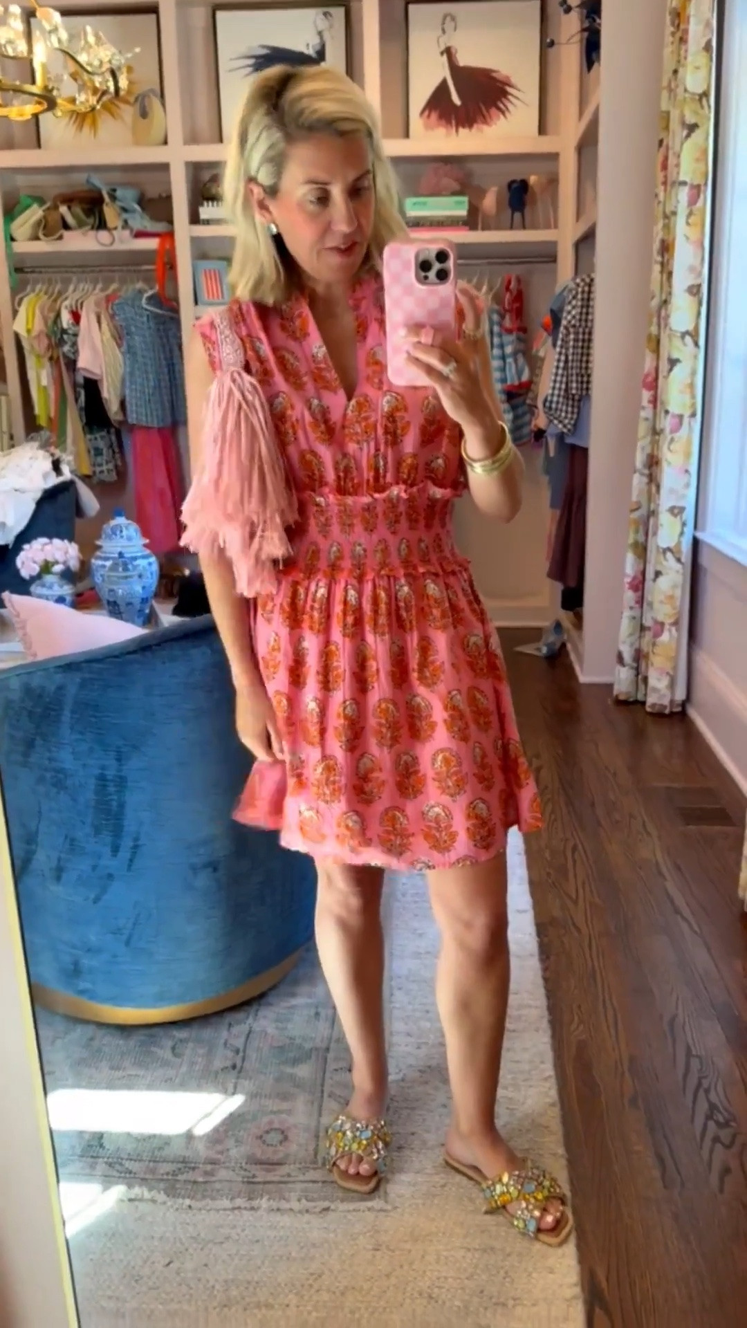 This dress is soooo adorable! Pink & orange is always a favorite of mine. I’m in size small dress. Grab my bag and bling sandals on sale! I normally wear a size 8 in sandals, but I did ￼did size down to a 7.

 *Use my code Catherine20 on A+B
 *Use code my Mixandmatchmadness on Loopy

#LTKSeasonal #LTKOver40