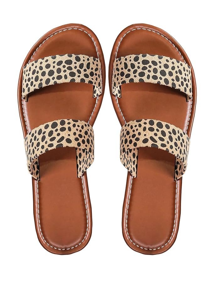 Verdusa Women's Leopard Print Flat Sandals Beach Vacation Double Strap Leather Sandals | Amazon (US)
