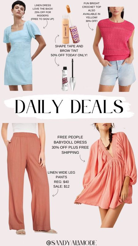 Daily deals // spring outfits // spring dresses // summer outfits // crochet top // free people dress // linen pants // ulta beauty steals // shape tape concealer // gimme brow tint 

#LTKsalealert