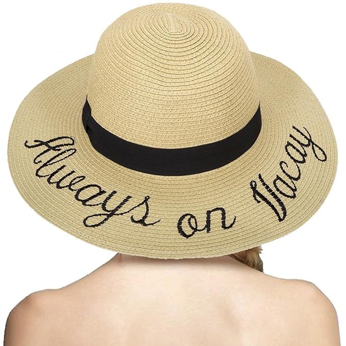 LONSANT Women's Paper Weaved Crushable Beach Embroidered Quote Adjustable Floppy Brim Sun Hat | Amazon (US)