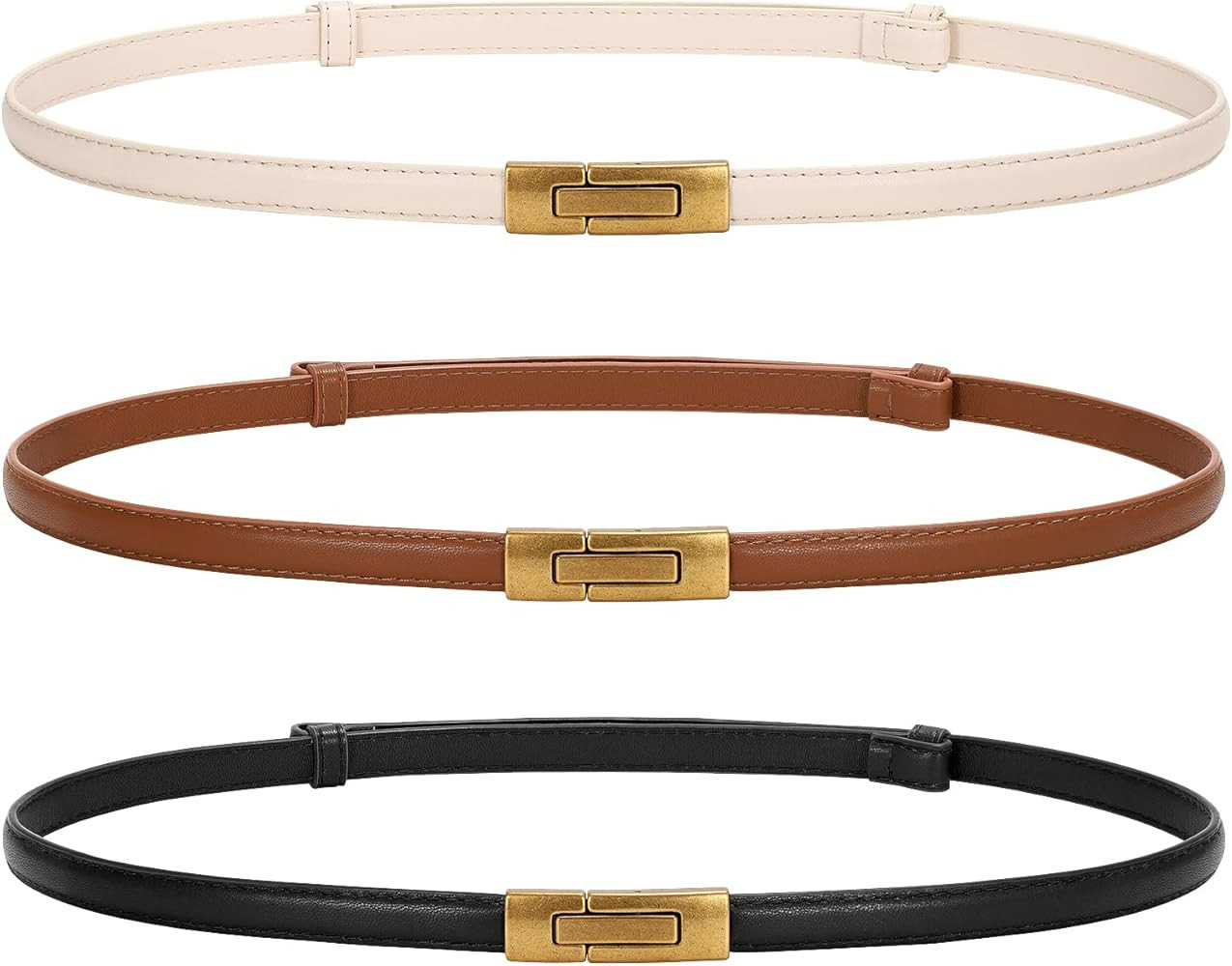 JASGOOD Women Skinny Belts Leather Thin Waist Belts for Dress Ladies Belts with Gold Buckle | Amazon (US)