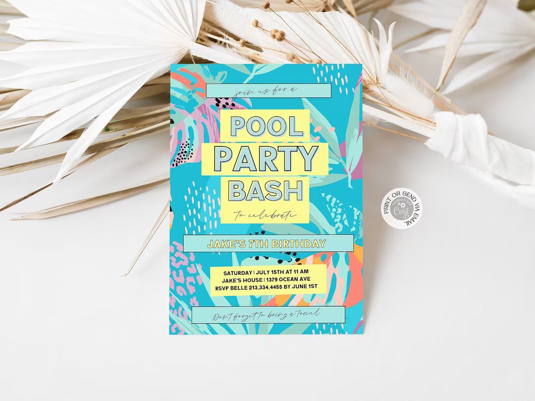 Printable Neon Yellow Pool Party Birthday Invitation, Editable Tropical Summer Party Bash Poolsid... | Etsy (US)