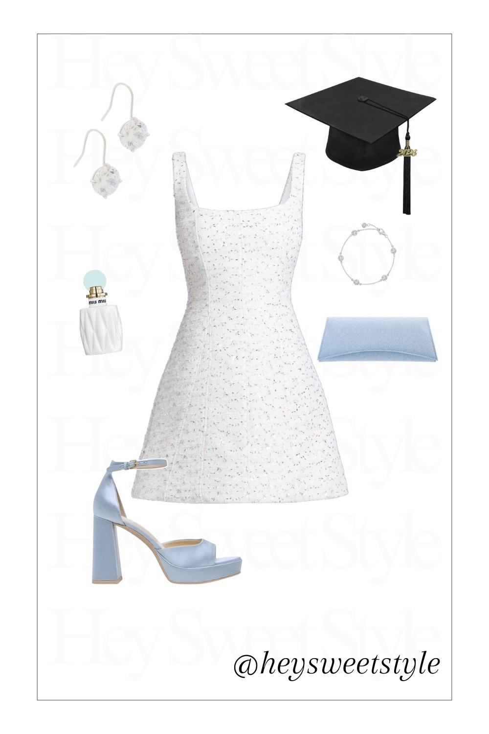 Beaded tweed mini dress & light blue accessories | 10 College Graduation Outfit Ideas 🎓