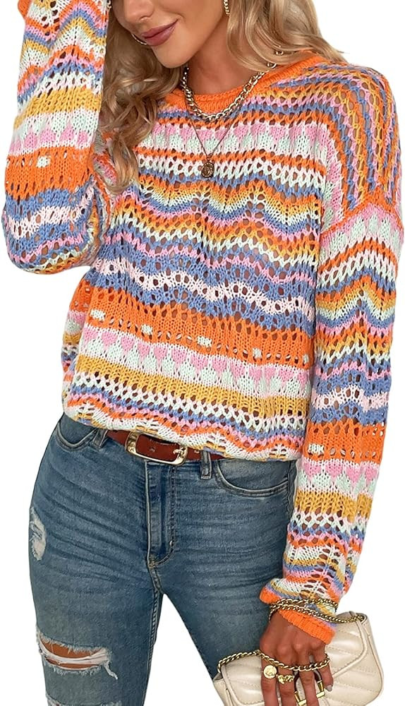 Women Colorful Knit Pullover Crochet Knitted Y2K Long Flared Sleeve Casual Sweater Rainbow Striped K | Amazon (US)