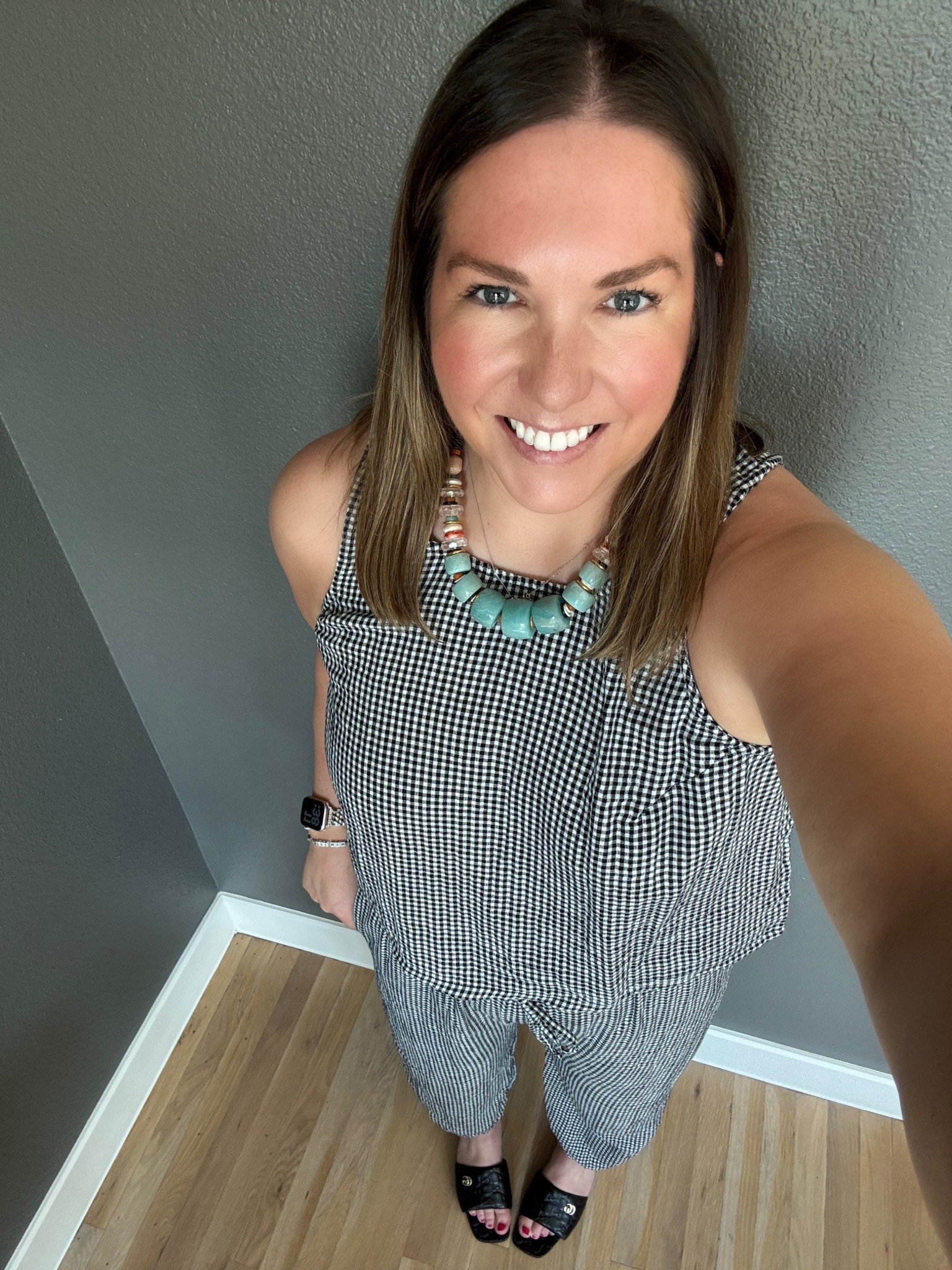 Had a haircut and met some friends for a girls happy hour. I love this set (which is currently on sale) because it’s so comfortable yet looks pulled together. I added some black slides and a fun necklace to add a little color  

#LTKMidsize #LTKSaleAlert #LTKootd
