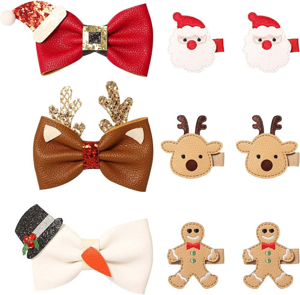 Whaline 9Pcs Christmas Clip Kit 3Pcs Large PU Bow Hair Pin 6Pcs Small Santa Gingerbread Reindeer ... | Amazon (US)