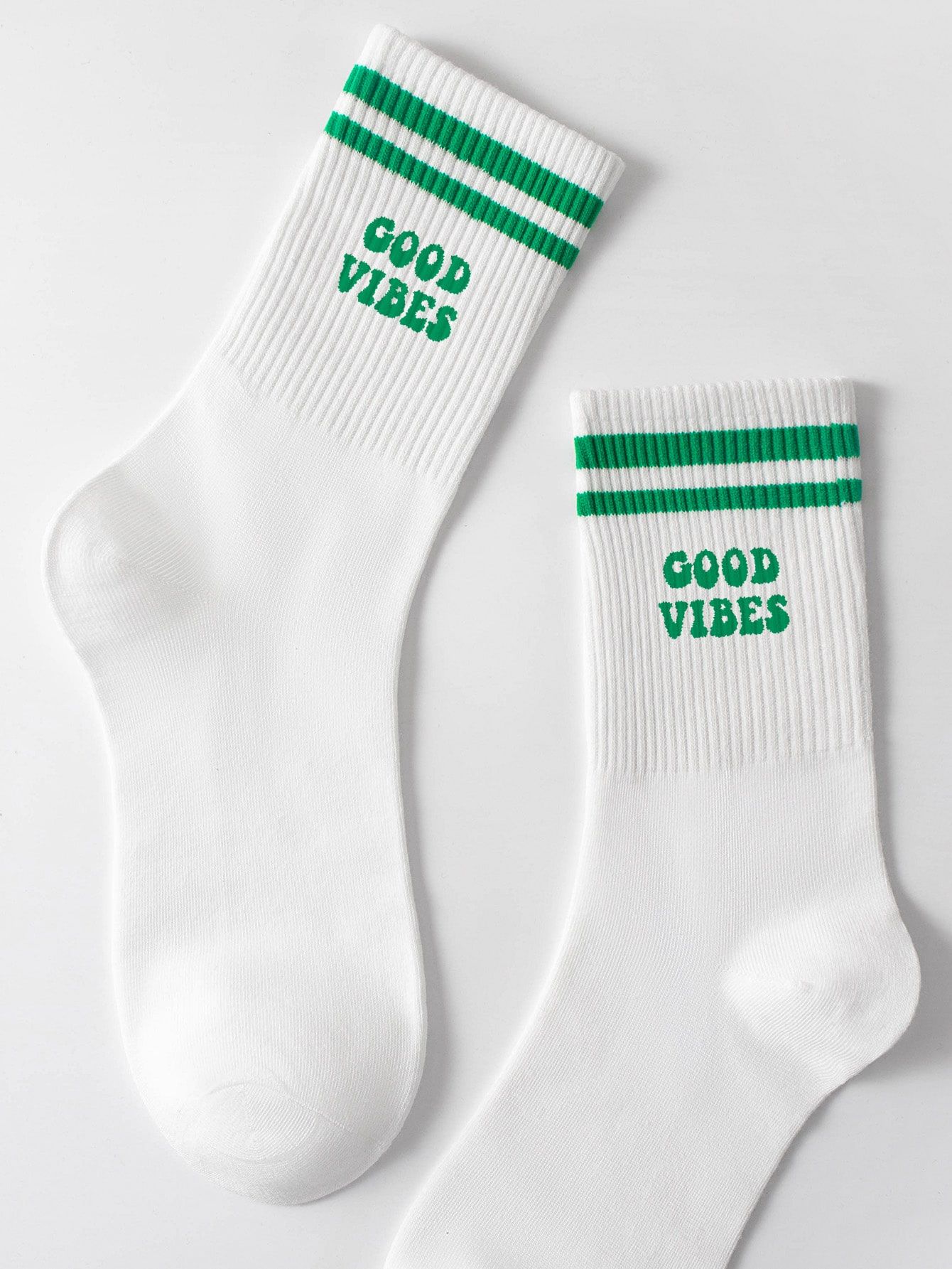 1pair Women's Mid-calf Socks With Good Vibes Lettering, Green Stripes, Antimicrobial, Moisture Wi... | SHEIN