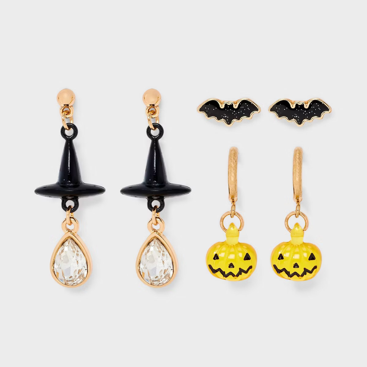 Halloween Bat Pumpkin and Witch Hat Stud and Hoop Earring Set 3pc - Black/Orange | Target
