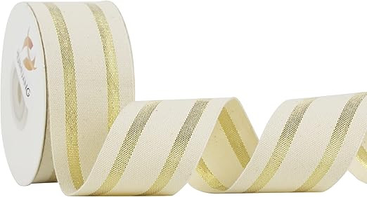 HUIHUANG Natural Stripe Cotton Ribbon Gold and Ivory Striped Ribbon 1.5 inch x 10 Yards, Ivory Ri... | Amazon (US)