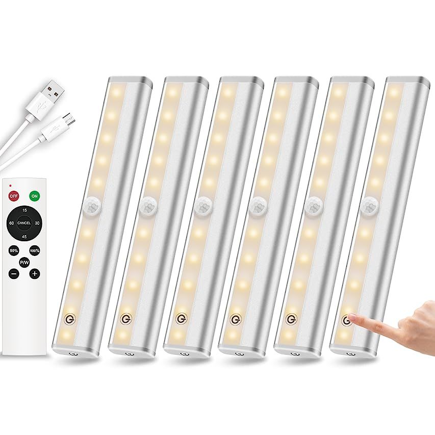 Remote Control Under Cabinet Lighting Wireless 6 Pack, 20-LED Dimmable Closet Lights Rechargeable Un | Amazon (US)