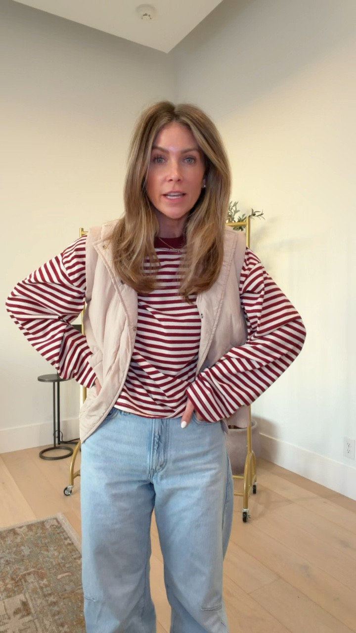 Today’s Amazon outfit! 
Amazon striped sweatshirt size small
Quilted vest size small
Levi’s cinch waist jeans size 26. I size up one size in these. 

#LTKOver40 #LTKPetite #LTKootd