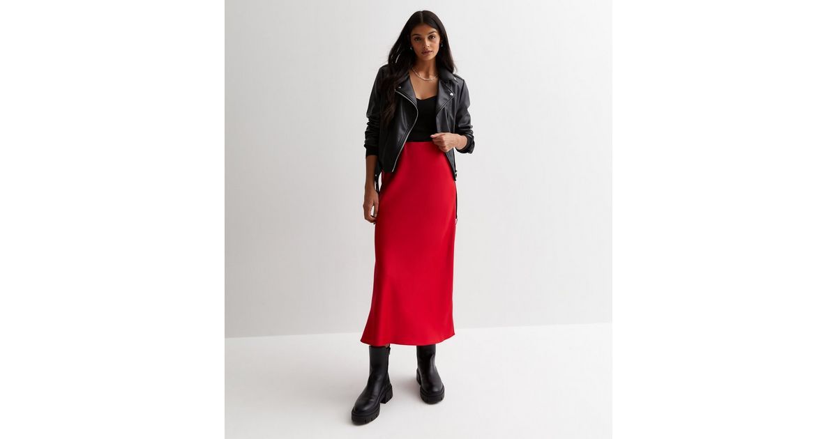 Red Shine Satin Bias Cut Midaxi Skirt | New Look | New Look (UK)