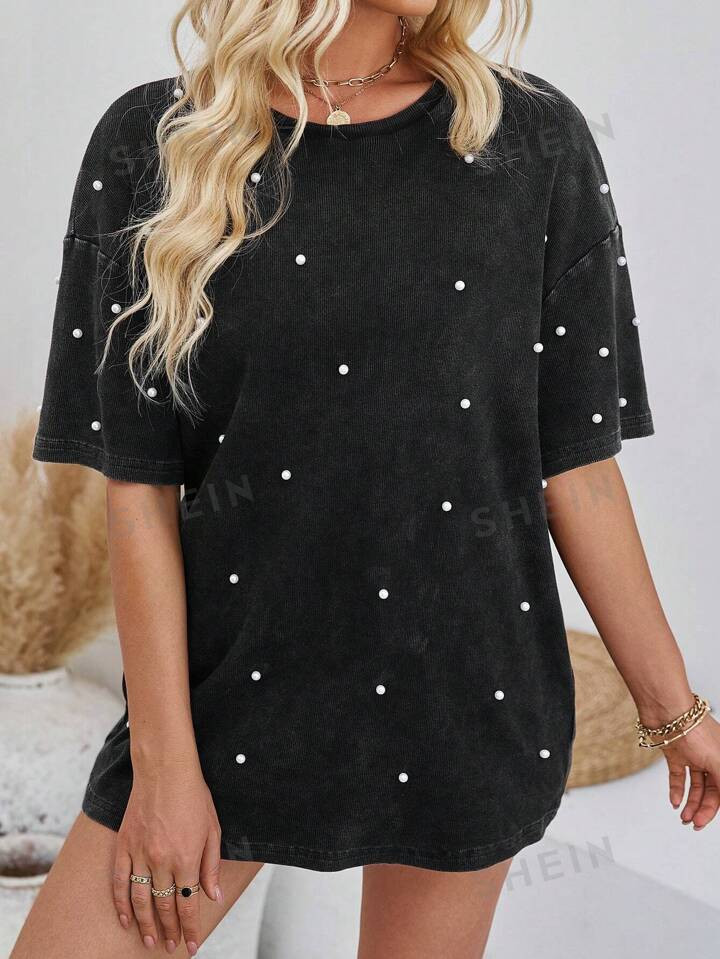 SHEIN Wildara Faux Pearl Studded Round Neck Slouchy T-Shirt | SHEIN USA | SHEIN