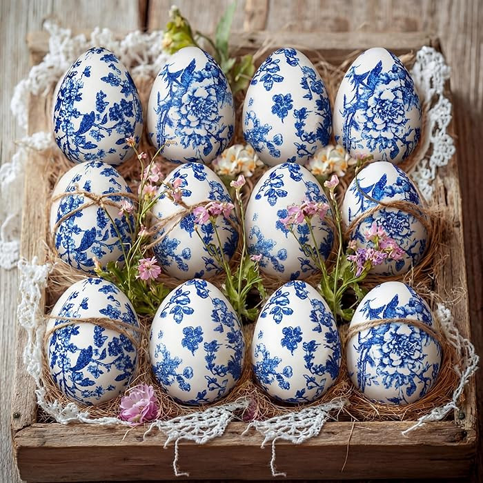 Bucherry 12 Pcs Easter Chinoiserie Hanging Eggs Blue and White Fabric Egg Farmhouse Decoration St... | Amazon (US)