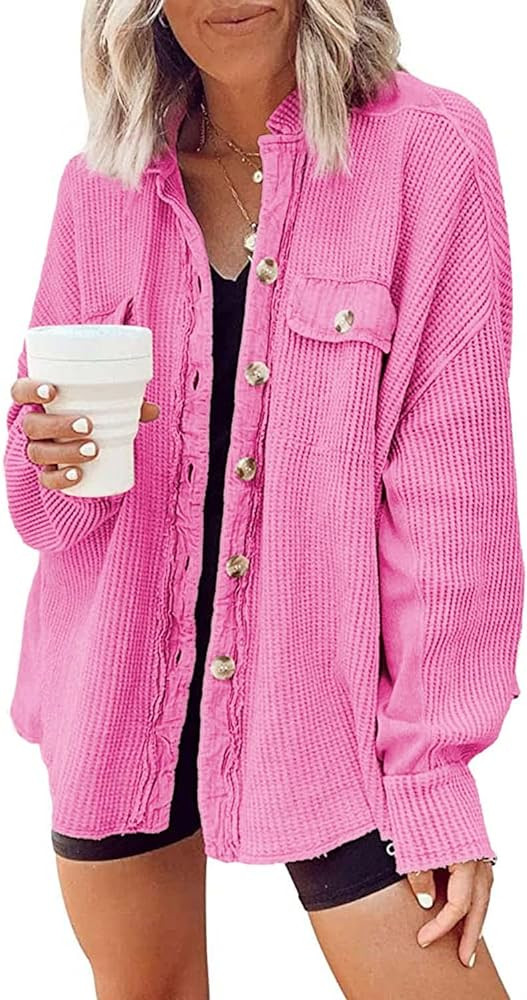 Nirovien Womens Waffle Knit Shirt Jacket Oversized Button Down Shacket Batwing Sleeve Tops with Pock | Amazon (US)