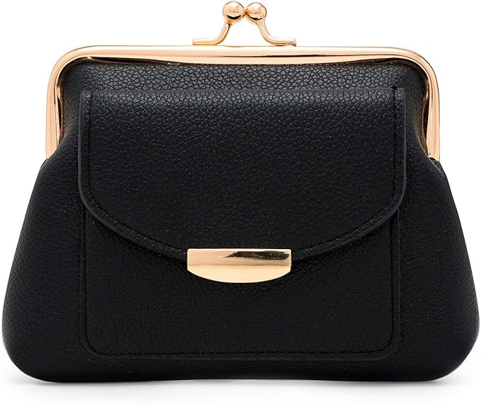 Genuine Leather Kiss Lock Coin Purse for Women with Credit Card Slot Large Capacity Blue (Black) | Amazon (US)