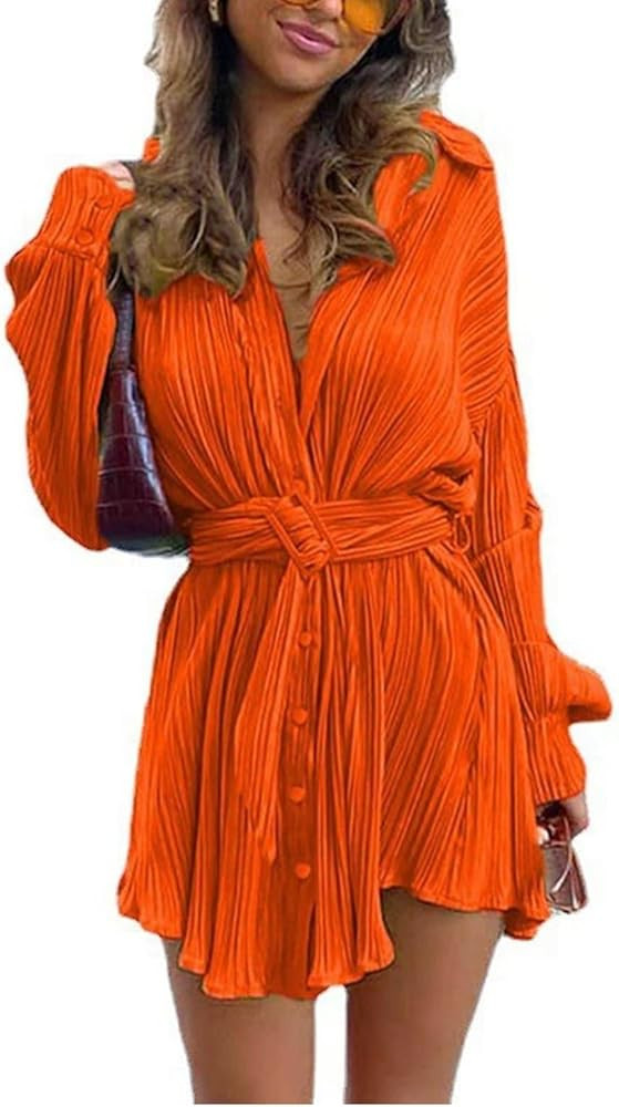 Volemo Women Sexy V Neck Long Sleeve Pleated High Waist Lace Up Belted Tunic Tops Mini Shirt Dres... | Amazon (US)