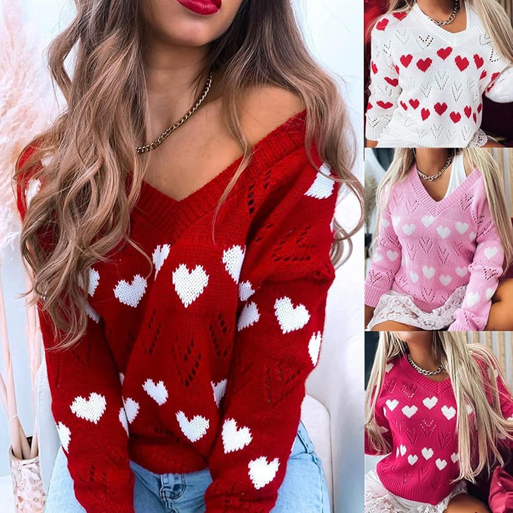 YIMEIM Womens Cute Heart Long Sleeve Sweater Winter Warm Knitted Sweatshirt | Amazon (US)