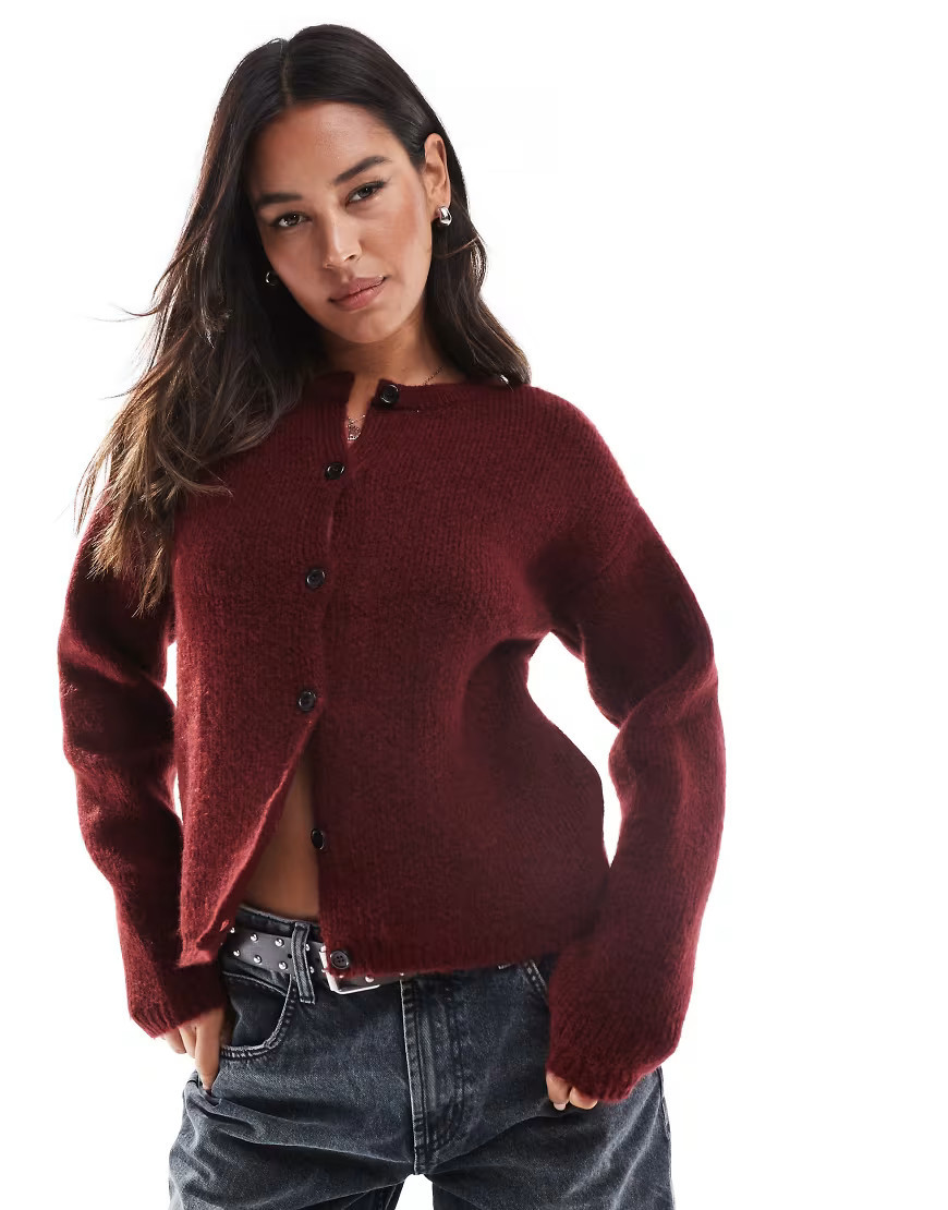 ASOS DESIGN fluffy knit crew neck cardigan in burgundy-Red | ASOS (Global)