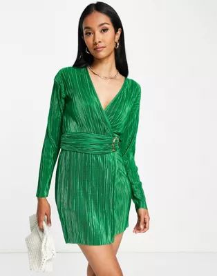 ASOS DESIGN plisse wrap mini dress with tortoise shell trim in green | ASOS | ASOS (Global)