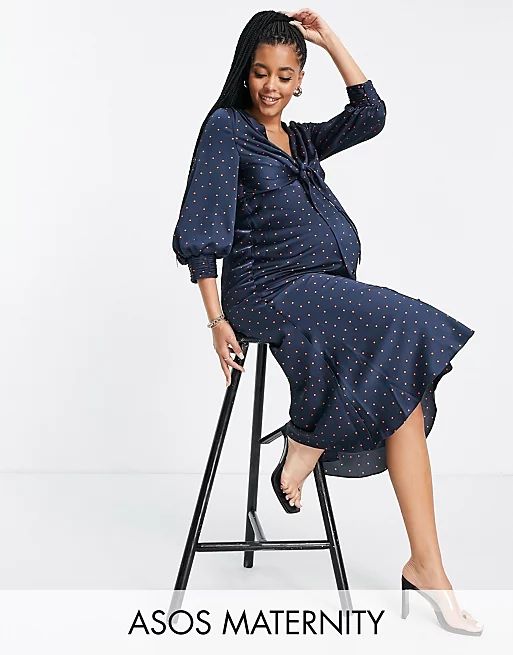 ASOS DESIGN Maternity satin tie front midi dress with button detail in micro spot | ASOS (Global)