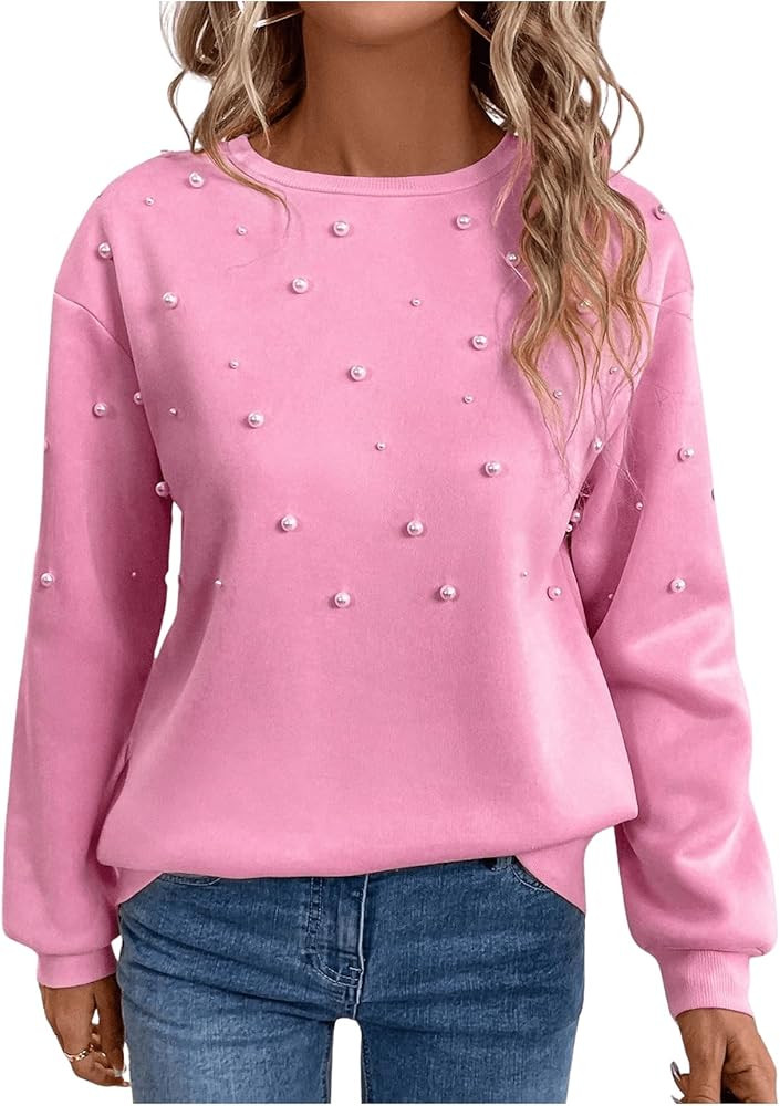 Floerns Women's Pearl Beaded Long Sleeve Sweatshirts Drop Shoulder Crewneck Pullover Tops | Amazon (US)