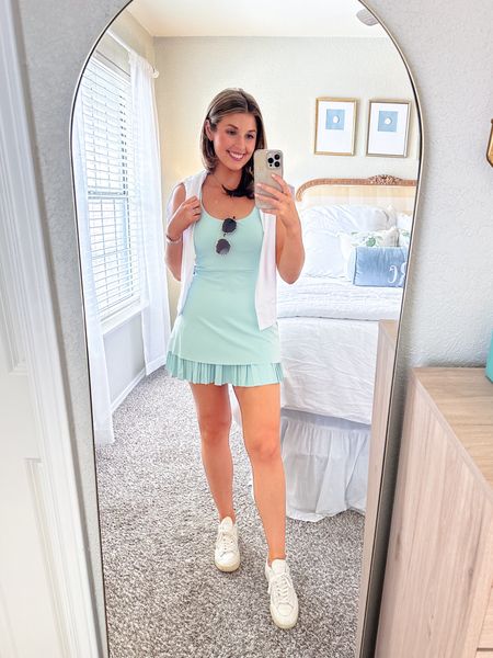 Casual summer outfit idea! Wearing a size XS in dress and M in long sleeve. Dress is padded and shorts are separate.

Exercise dress // summer outfit 

#LTKstyletip #LTKSeasonal
