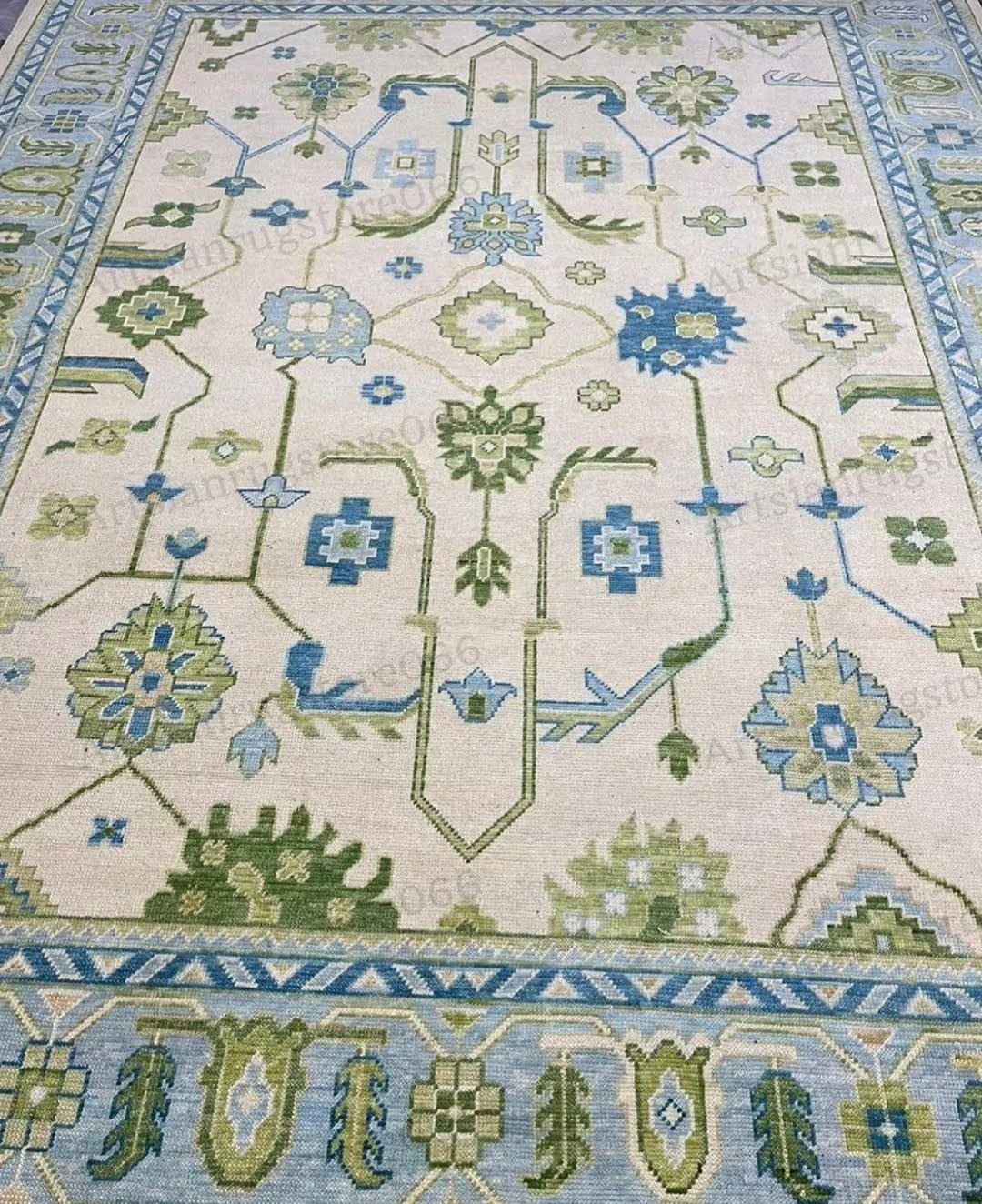 9x12 Handmade Modern Oushak Rug With Sea Blue Border Olive Green Blue Accent Modern Rug Living Ro... | Etsy (US)