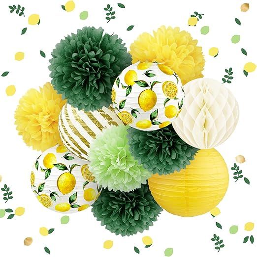 Wedding Party Decorations Set, 12 PCS Yellow Green White Lemon Pattern Paper Lanterns and Pom Pom... | Amazon (US)