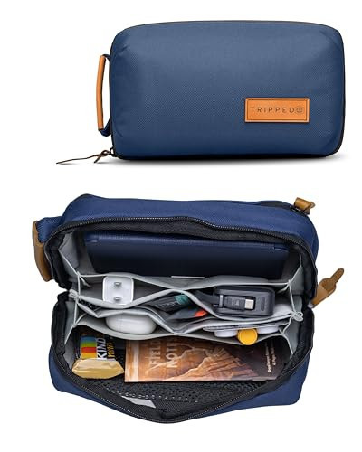 TRIPPED Travel Gear Tech Bag Organizer - Small Electronics Organizer Pouch for Travel - Premium Travel Case with Leather Accents - Mesh Pocket for Cables, Cords and Chargers (Navy) | Amazon (US)